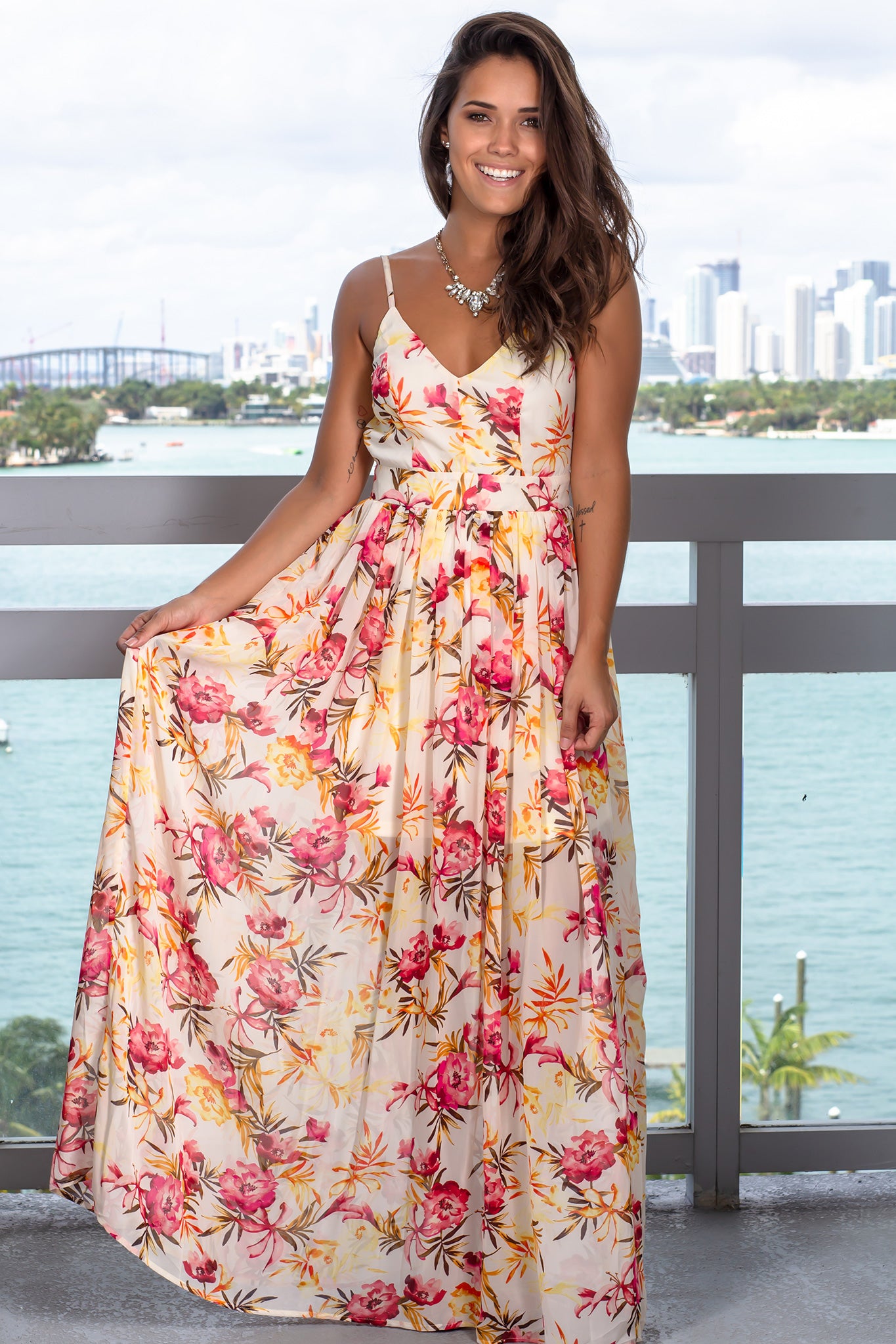 Ivory Floral V-Neck Maxi Dress with ...